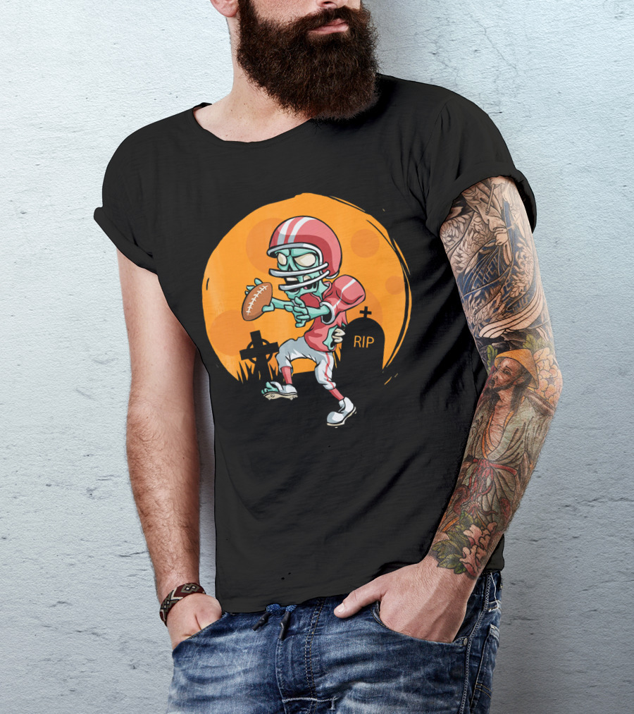 Zombie Football Player Halloween Graveyard Scene T-Shirt