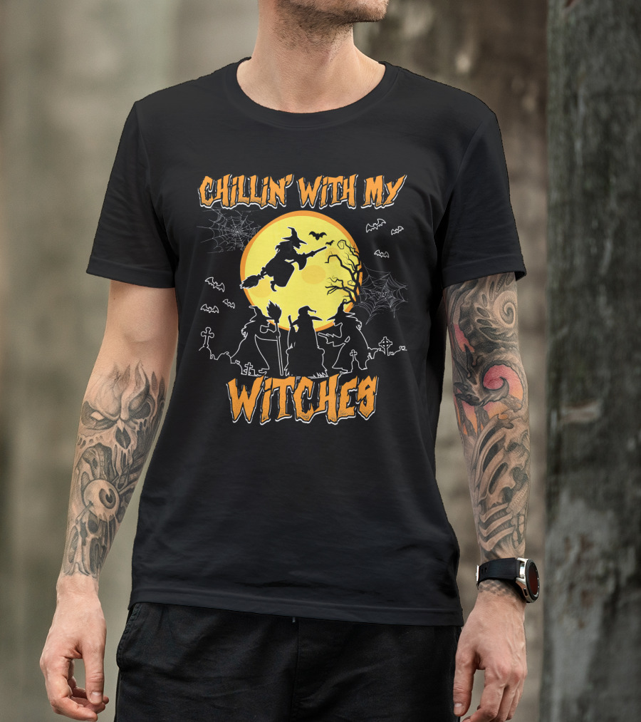 Chillin With My Witches Full Moon Spooky Bats And Webs Scene T-Shirt