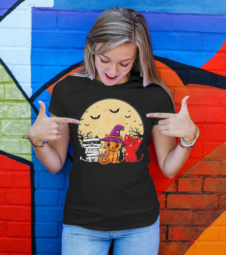 Three Cats Halloween Moon Bats Mummy Witch Devil T-Shirt