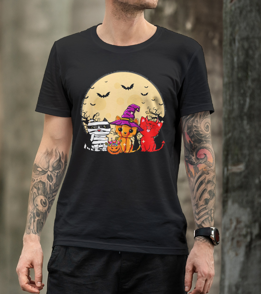 Three Cats Halloween Moon Bats Mummy Witch Devil T-Shirt