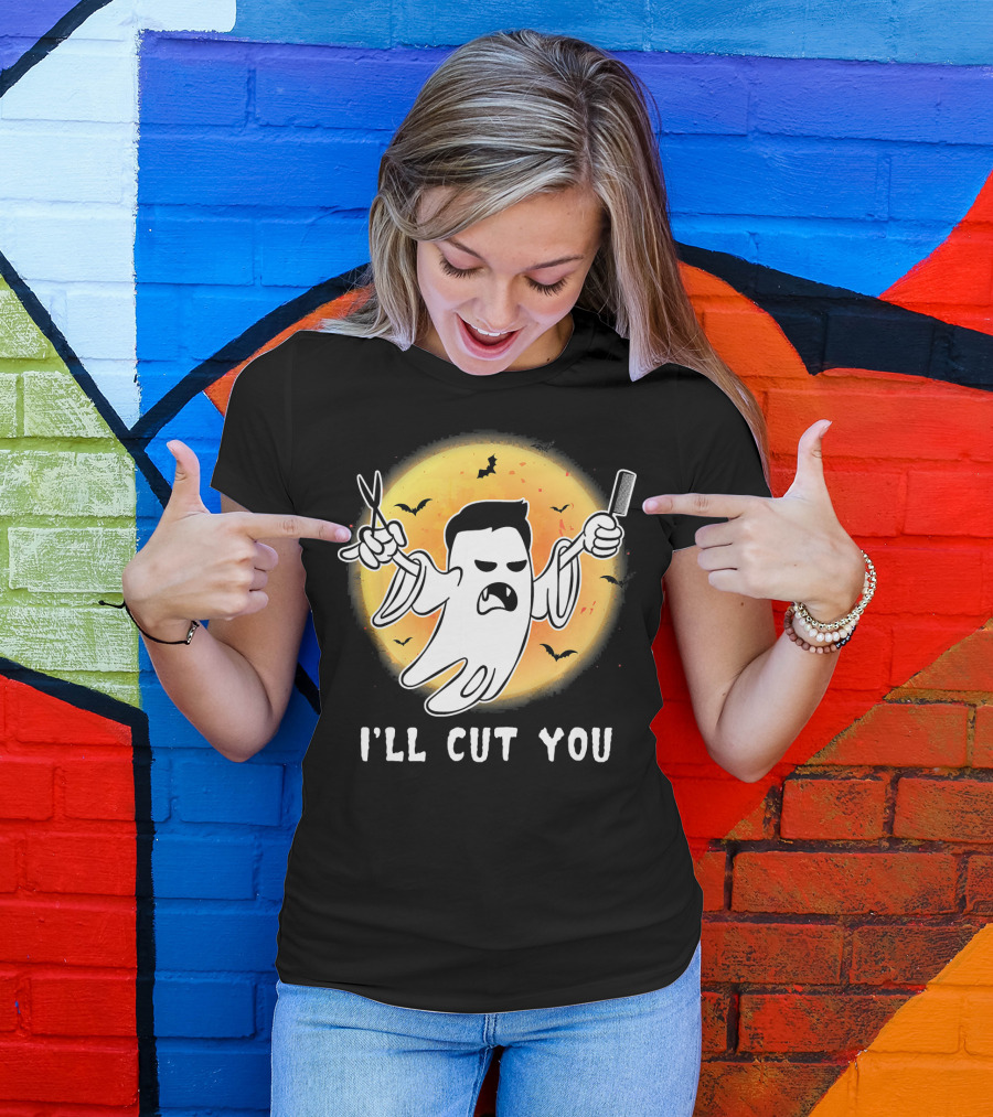 Funny Halloween Boo Ghost I'll Cut You Barber Ghost With Scissors And Comb T-Shirt