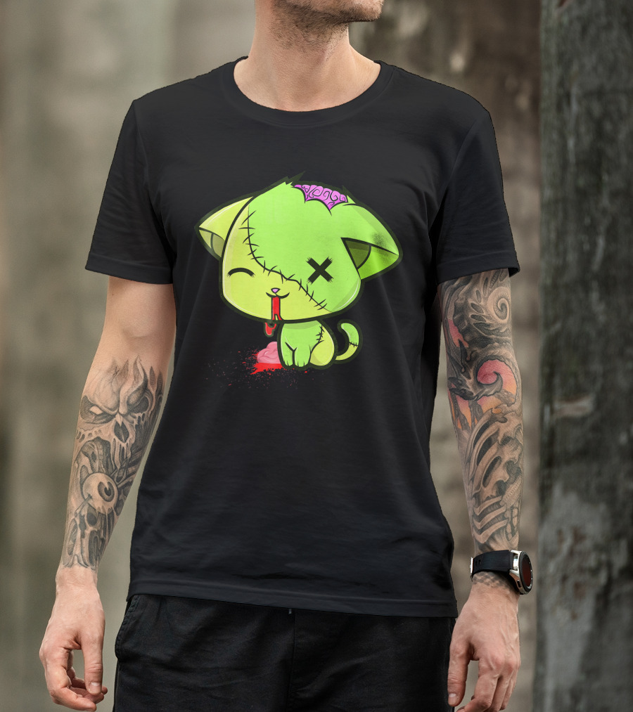 Cute Zombkitty Green Zombie Kitten Neon Brain T-Shirt