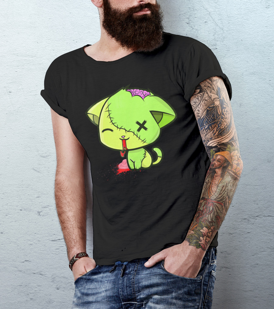 Cute Zombkitty Green Zombie Kitten Neon Brain T-Shirt