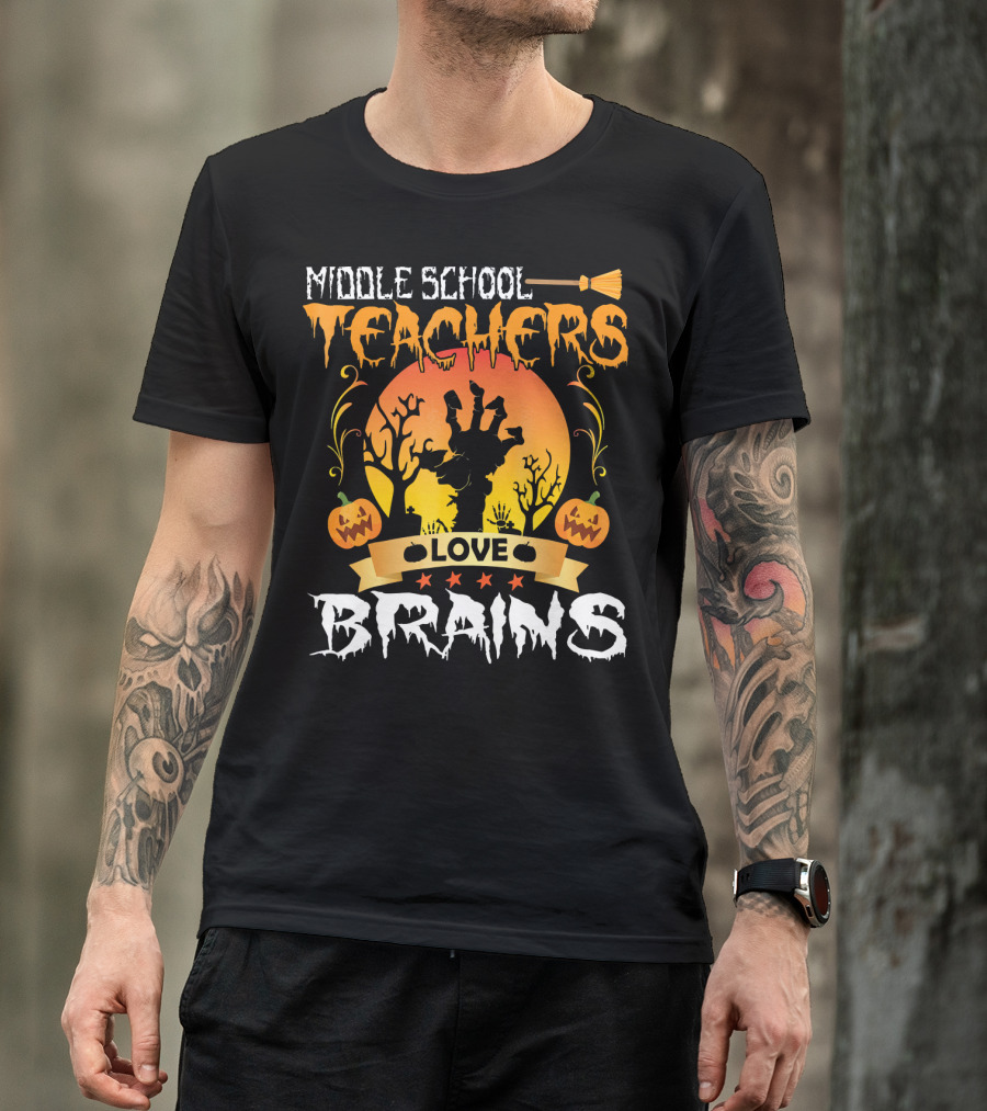 Middle School Teachers Love Brains Moon Tomb Pumpkin T-Shirt