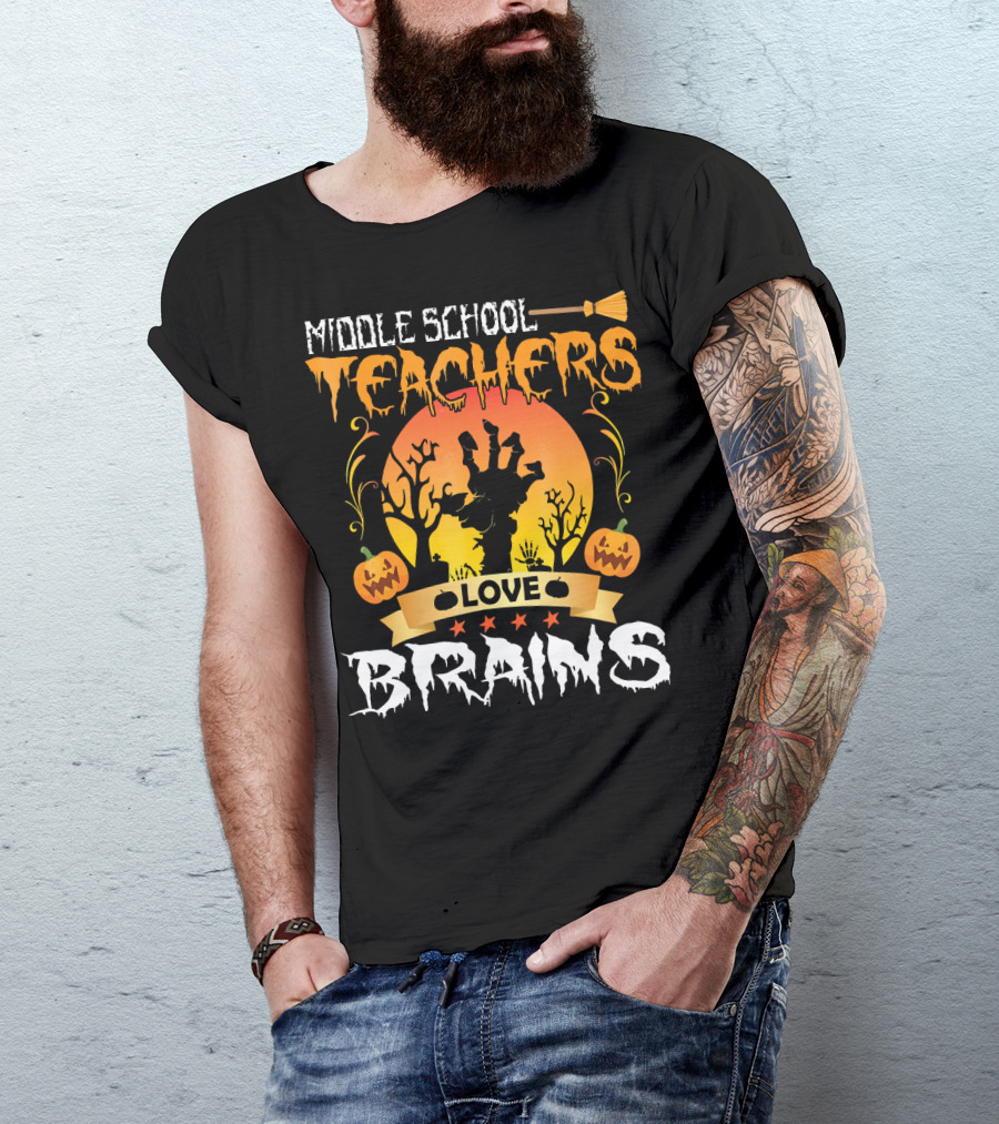 Middle School Teachers Love Brains Moon Tomb Pumpkin T-Shirt