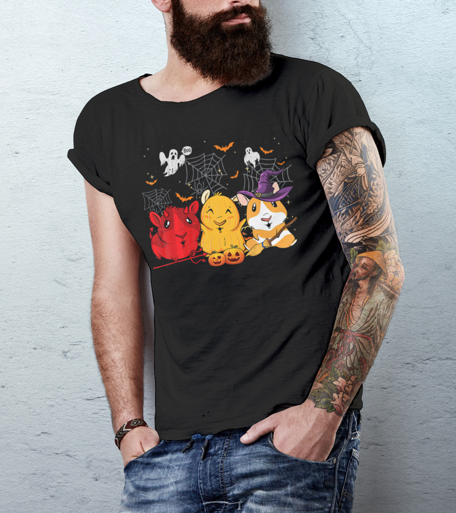 Halloween Funny Guinea Pigs In Costumes With Ghosts And Spiderwebs T-Shirt