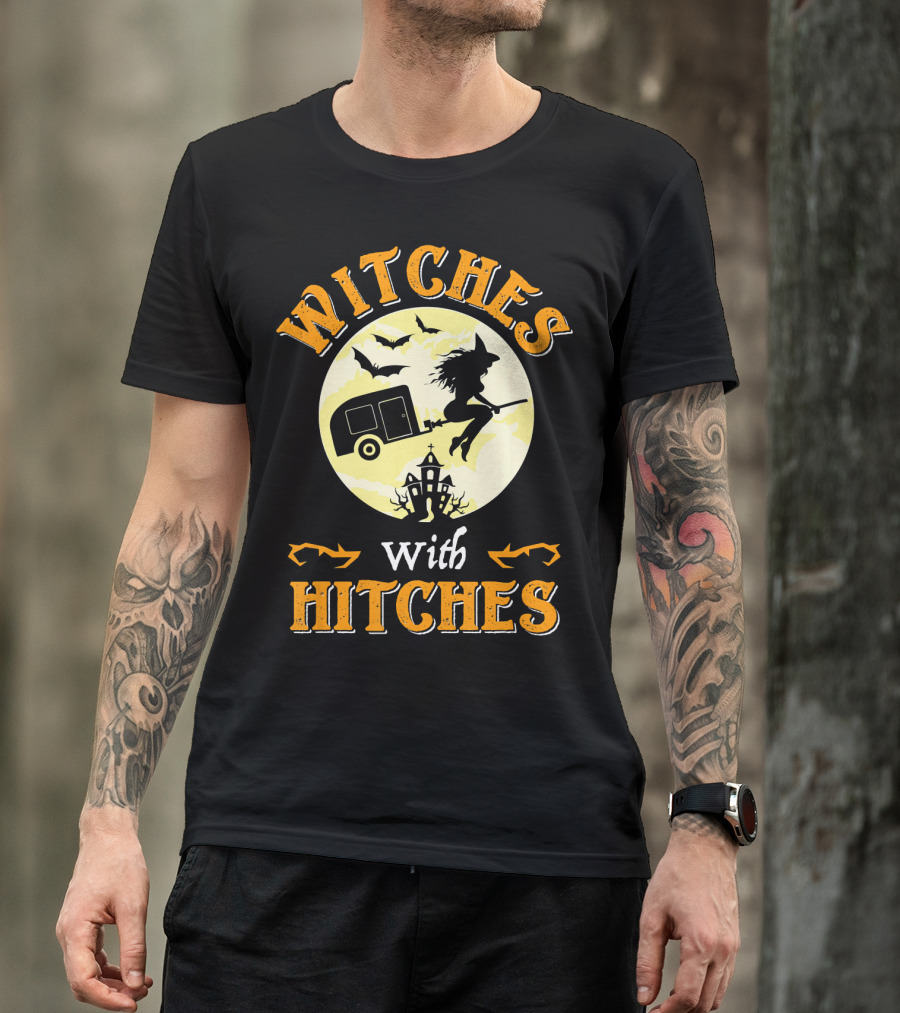 Witches With Hitches Halloween Camper Moon Bats And Witch Hat Broomstick T-Shirt