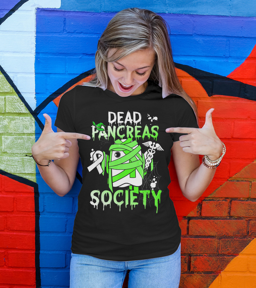Dead Pancreas Society Halloween Ghost Design With Green Mummy And Medical Symbols T-Shirt