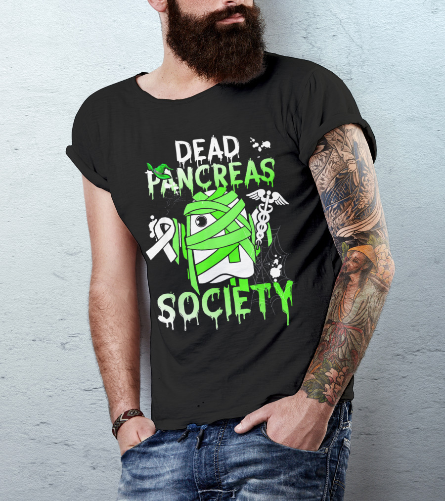 Dead Pancreas Society Halloween Ghost Design With Green Mummy And Medical Symbols T-Shirt