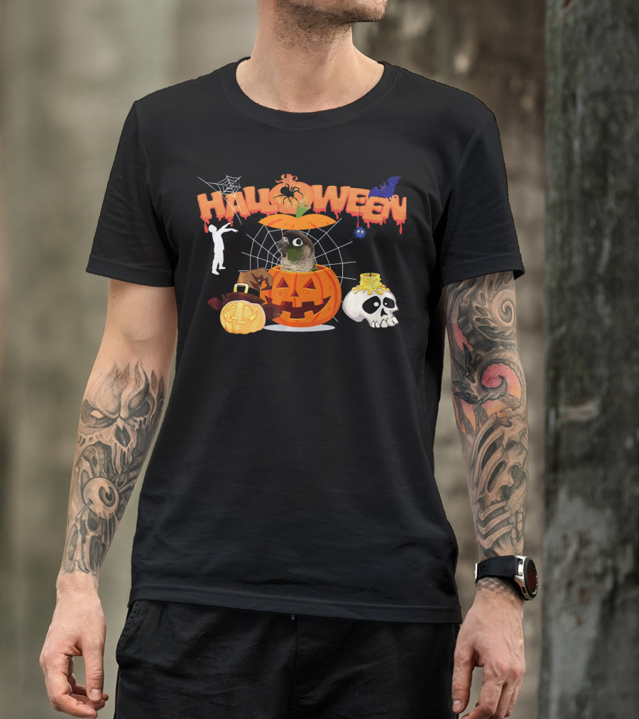 Halloween Green Cheek Conure Pumpkin Witch Zombie Skull Spiderweb T-Shirt