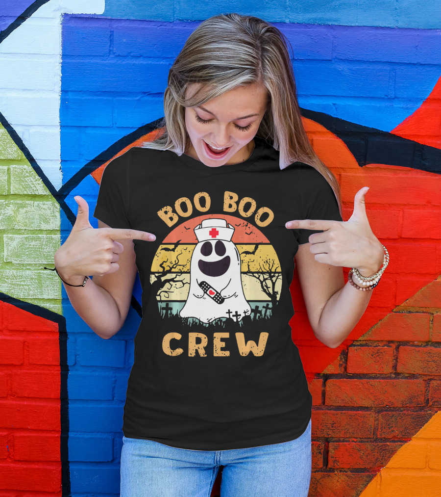 Vintage Halloween Boo Boo Crew Ghost Nurse With Bandage T-Shirt