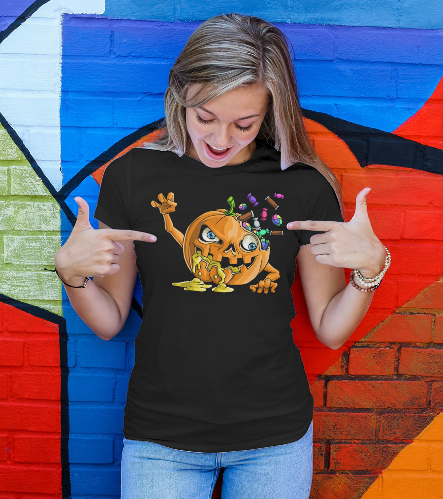 Zombie Pumpkin Funny Halloween Horror Scary Candy Explosion T-Shirt