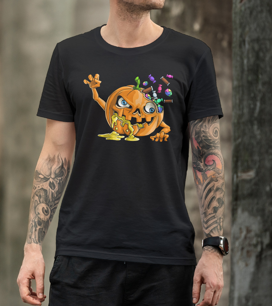 Zombie Pumpkin Funny Halloween Horror Scary Candy Explosion T-Shirt