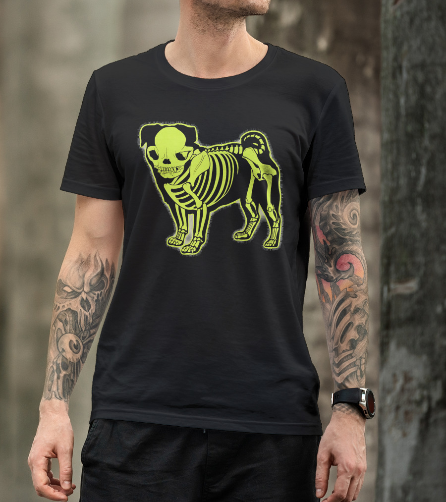 Pug Skeleton Neon Glow Canine Bones T-Shirt