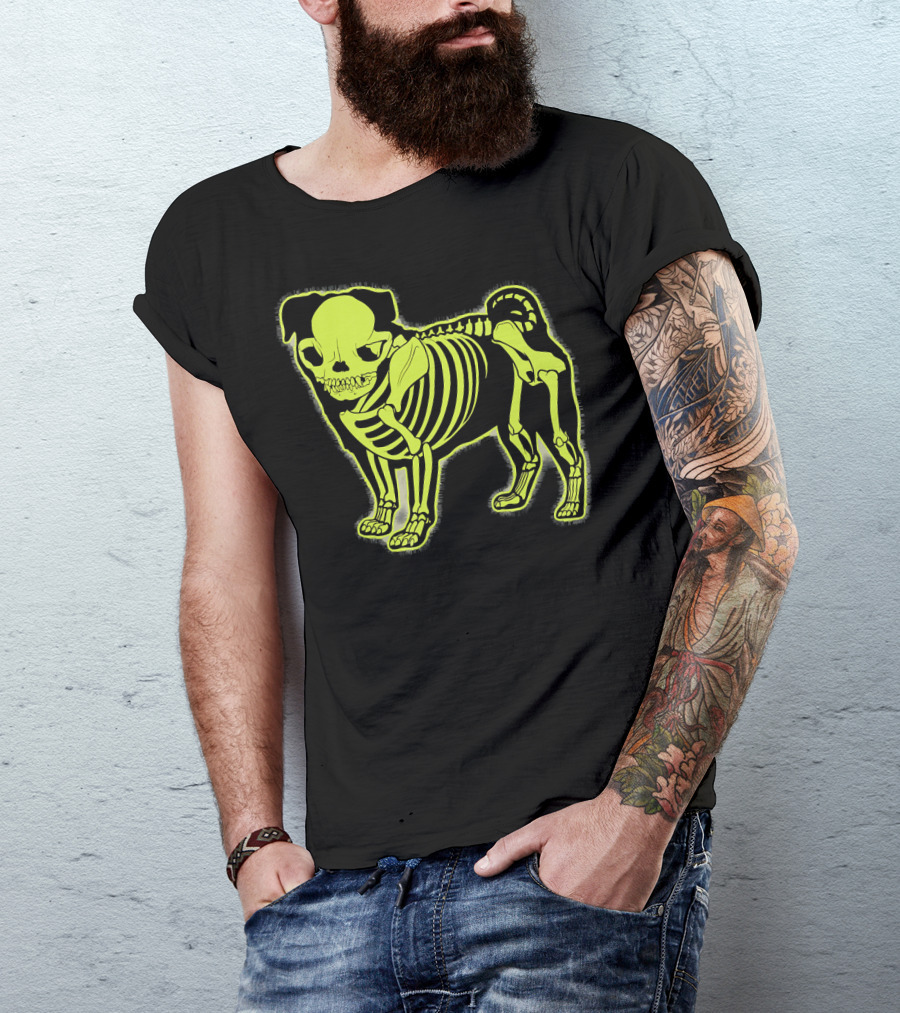 Pug Skeleton Neon Glow Canine Bones T-Shirt