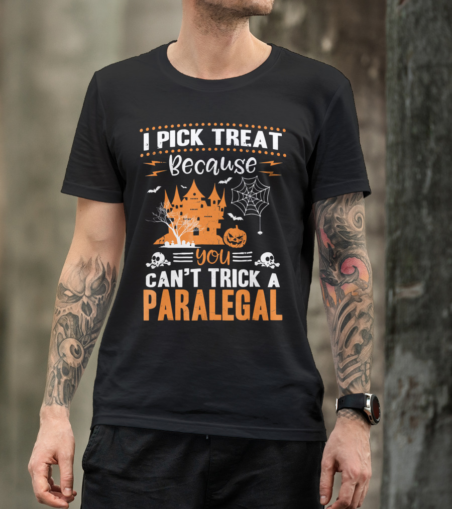 I Pick Treat Because You Can't Trick A Paralegal Halloween Castle Pumpkin Skulls T-Shirt