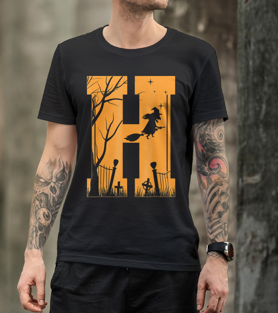 Letter H Halloween Witch Graveyard Scene T-Shirt