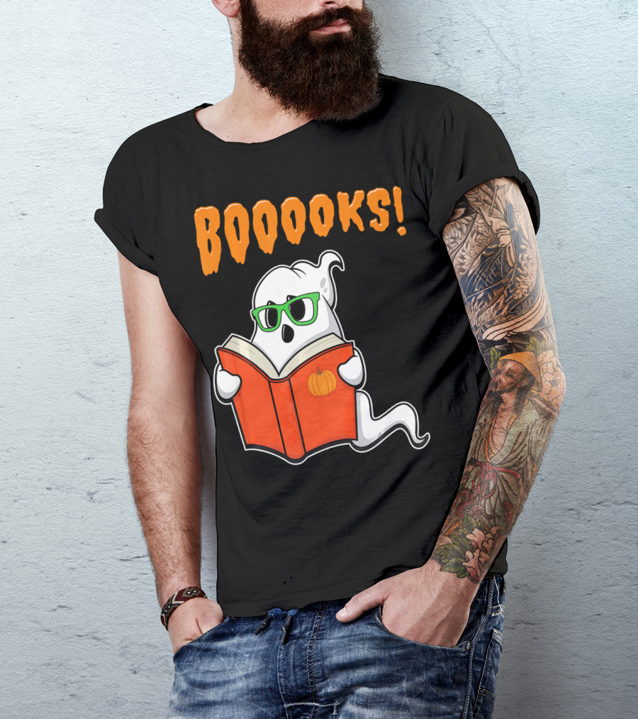 Booooks Ghost With Green Glasses And Pumpkin Book Funny Teacher Halloween T-Shirt