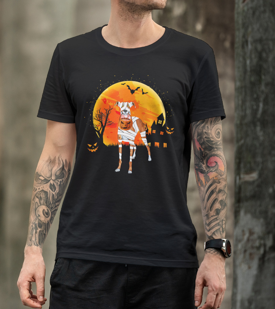 Greyhound Boo Halloween Dog Mummy With Pumpkin Against Full Moon And Haunted House T-Shirt