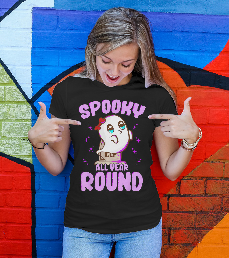 Spooky All Year Round Kawaii Ghost With Glittering Stars And Gravestone T-Shirt