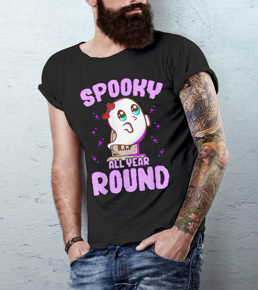 Spooky All Year Round Kawaii Ghost With Glittering Stars And Gravestone T-Shirt