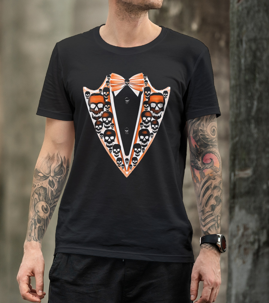 Tuxedo Skull Bowtie Pattern Orange And Black T-Shirt