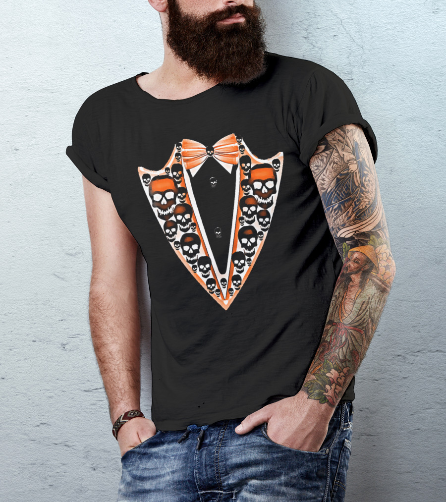 Tuxedo Skull Bowtie Pattern Orange And Black T-Shirt