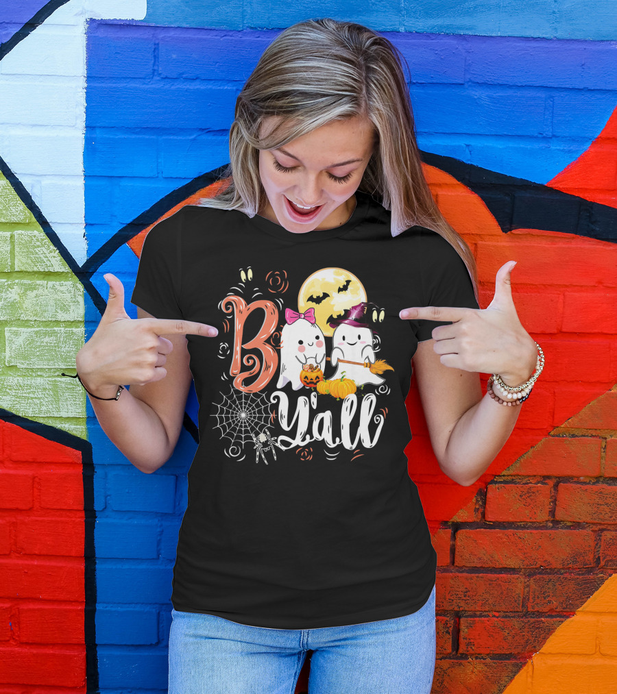 Boo Y’all Funny Ghosts With Pumpkin And Halloween Moon T-Shirt