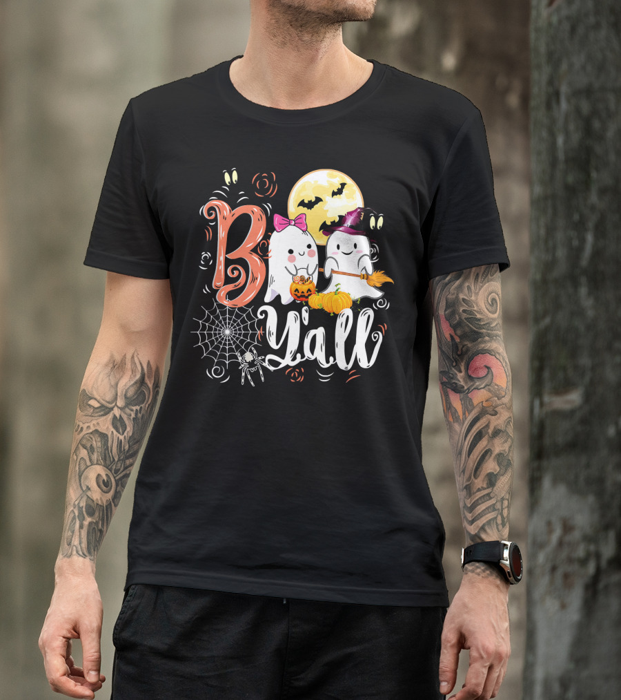 Boo Y’all Funny Ghosts With Pumpkin And Halloween Moon T-Shirt
