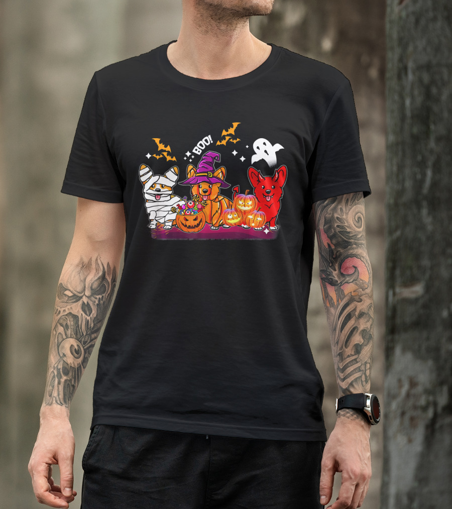 Halloween Three Corgis Witch Mummy Pumpkins Boo Ghost T-Shirt