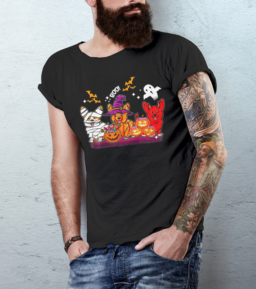 Halloween Three Corgis Witch Mummy Pumpkins Boo Ghost T-Shirt