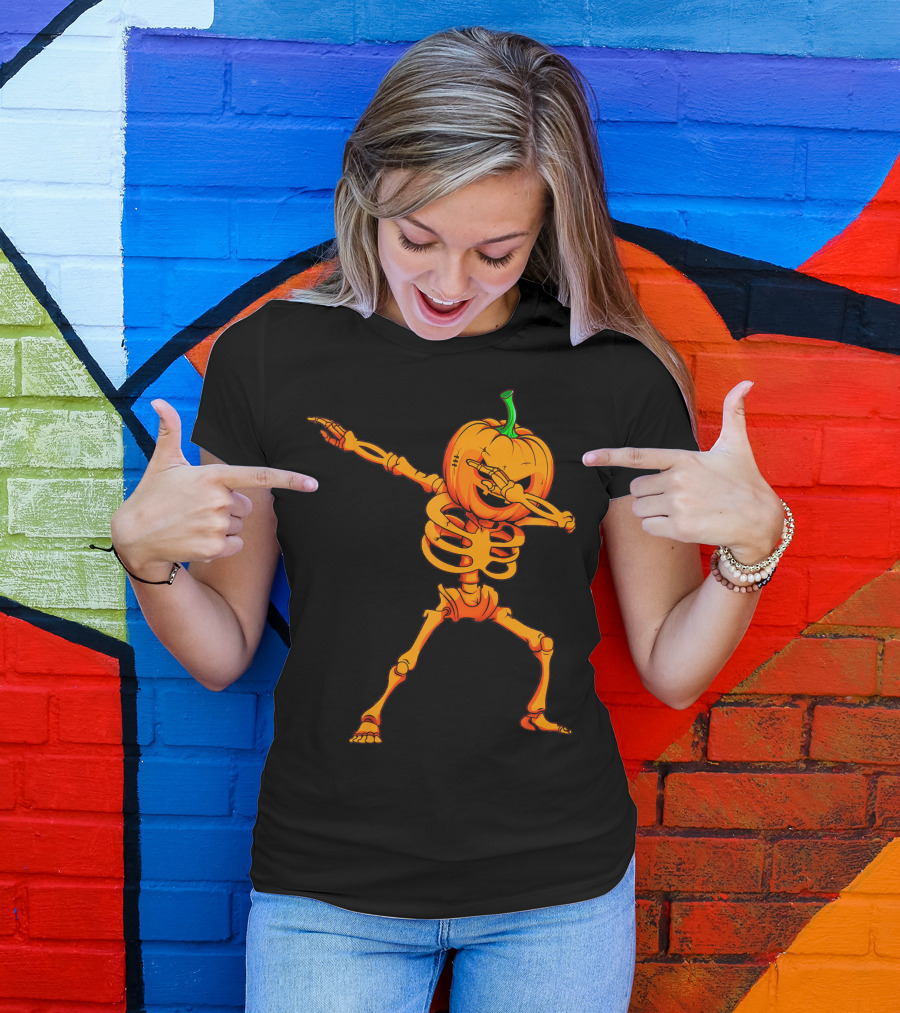 Dabbing Skeleton Pumpkin Halloween Dance T-Shirt