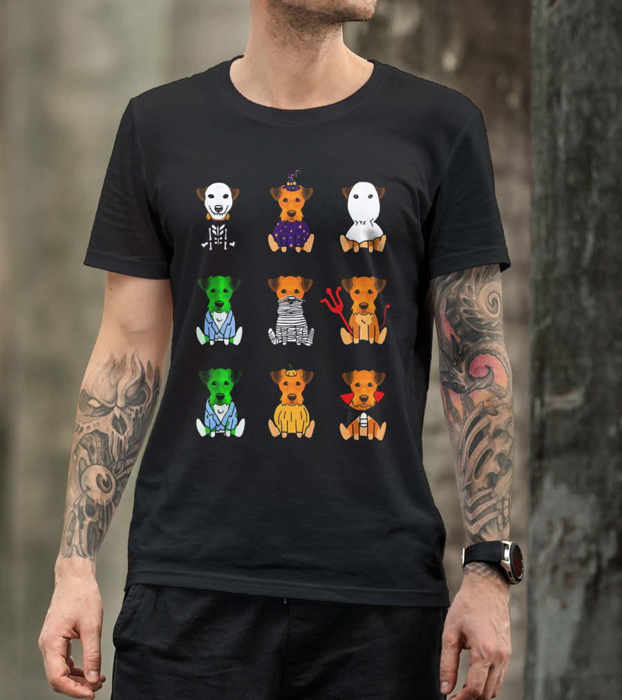 Airedale Terrier Halloween Costumes Skeleton Witch Ghost Zombie Mummy Devil Pumpkin Dracula T-Shirt