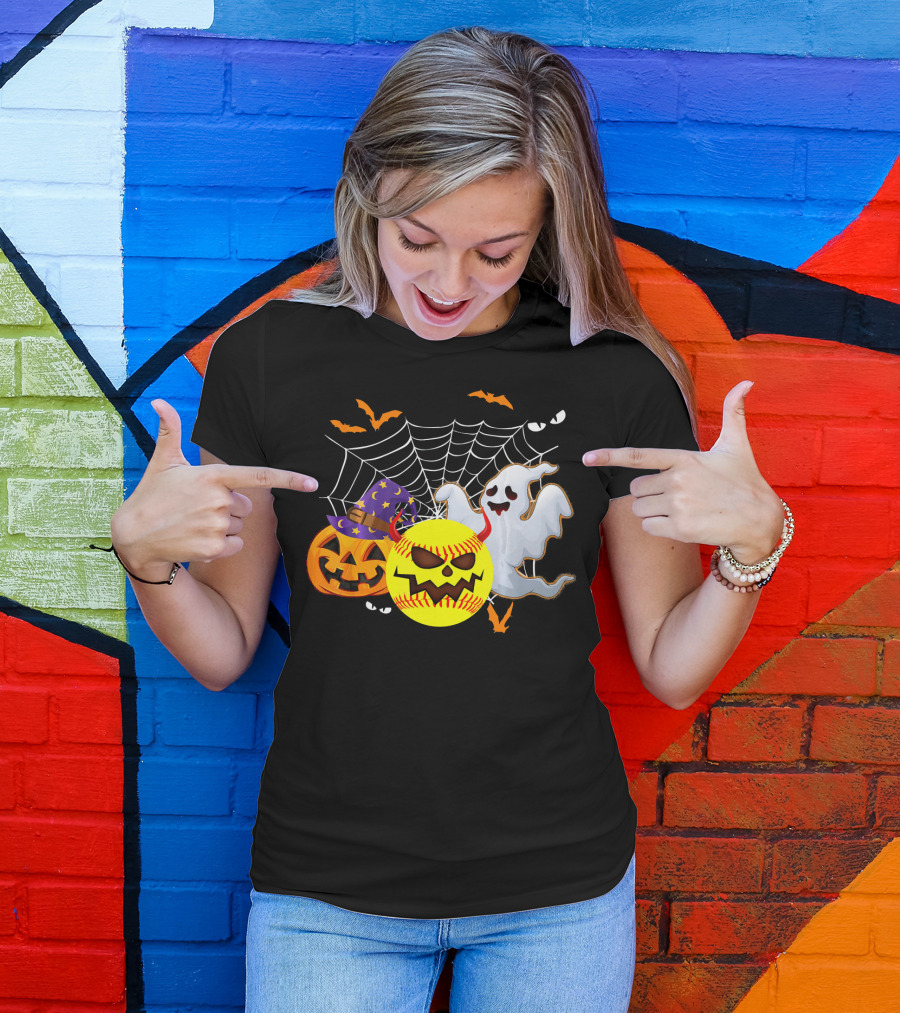Halloween Softball Pumpkin Ghost Cobwebs And Bats Fun T-Shirt