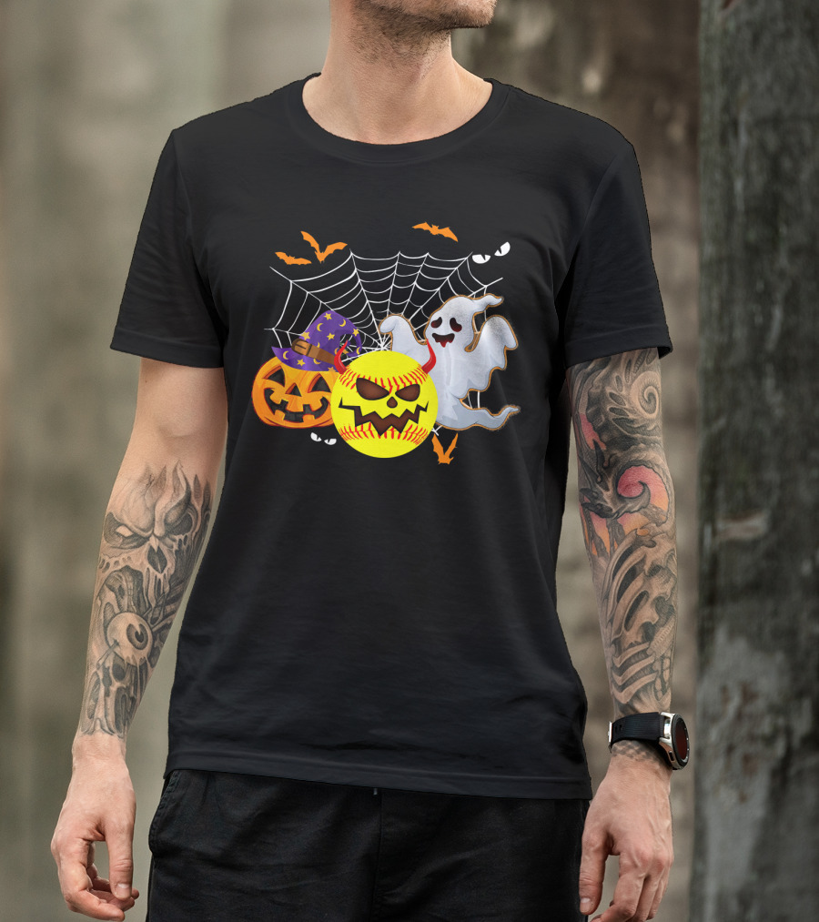 Halloween Softball Pumpkin Ghost Cobwebs And Bats Fun T-Shirt