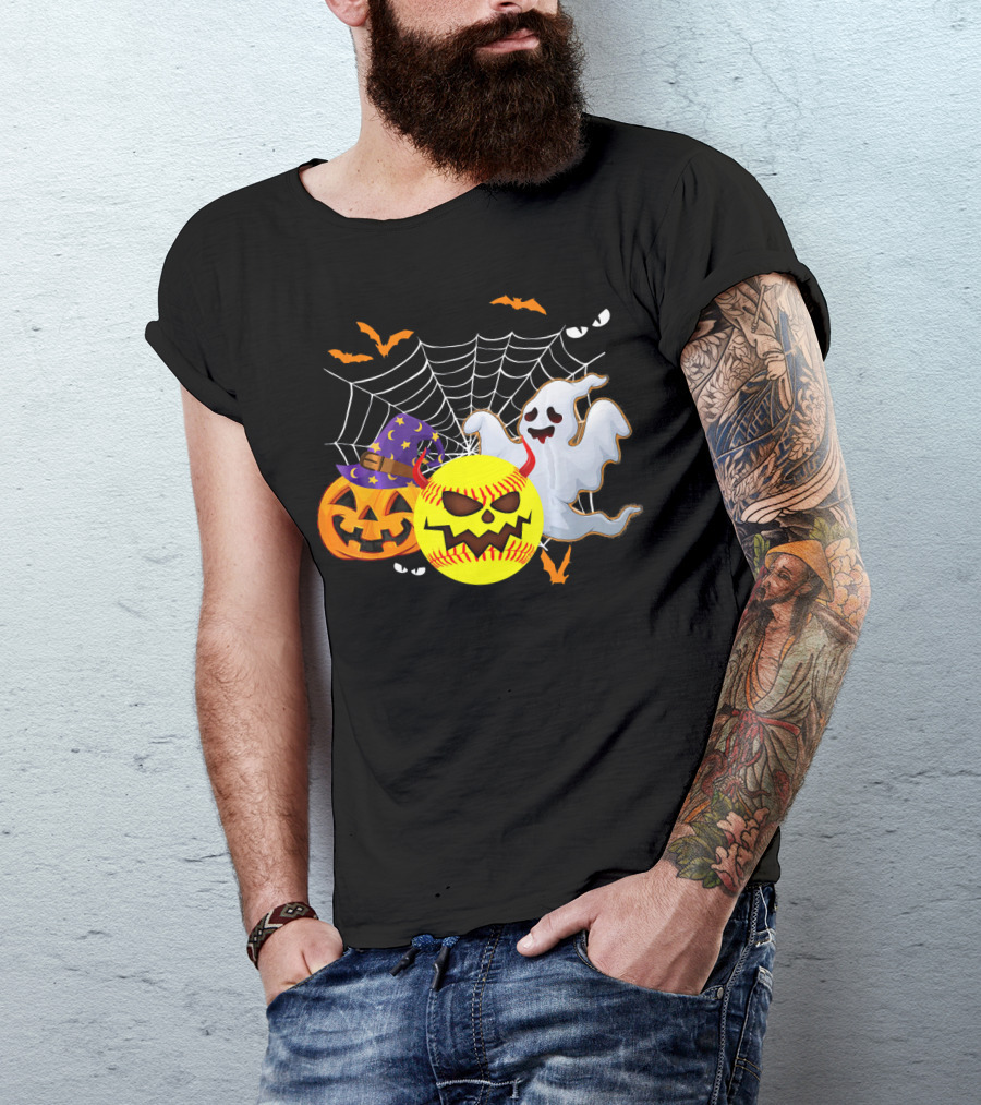 Halloween Softball Pumpkin Ghost Cobwebs And Bats Fun T-Shirt