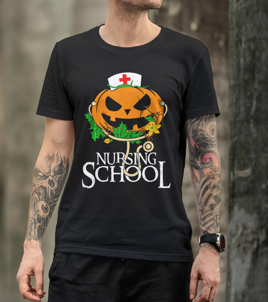 Nursing School Pumpkin With Stethoscope And Nurse Hat Jack-o'-Lantern T-Shirt