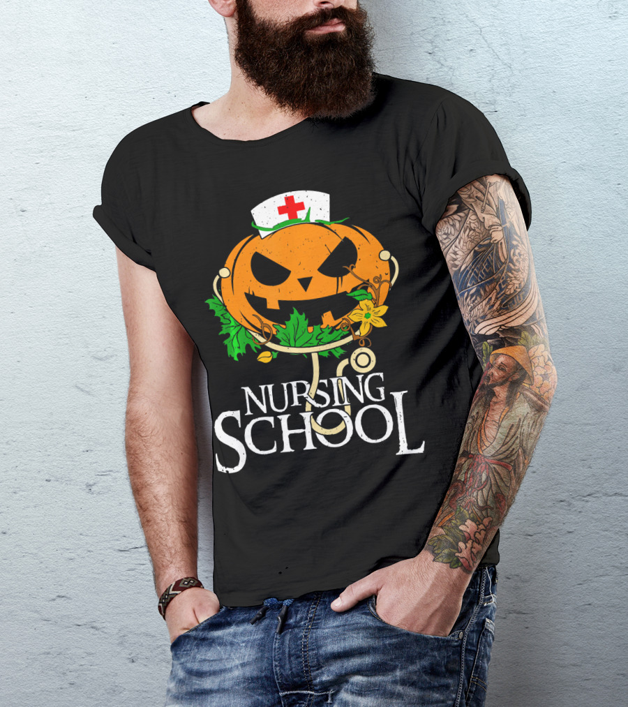 Nursing School Pumpkin With Stethoscope And Nurse Hat Jack-o'-Lantern T-Shirt