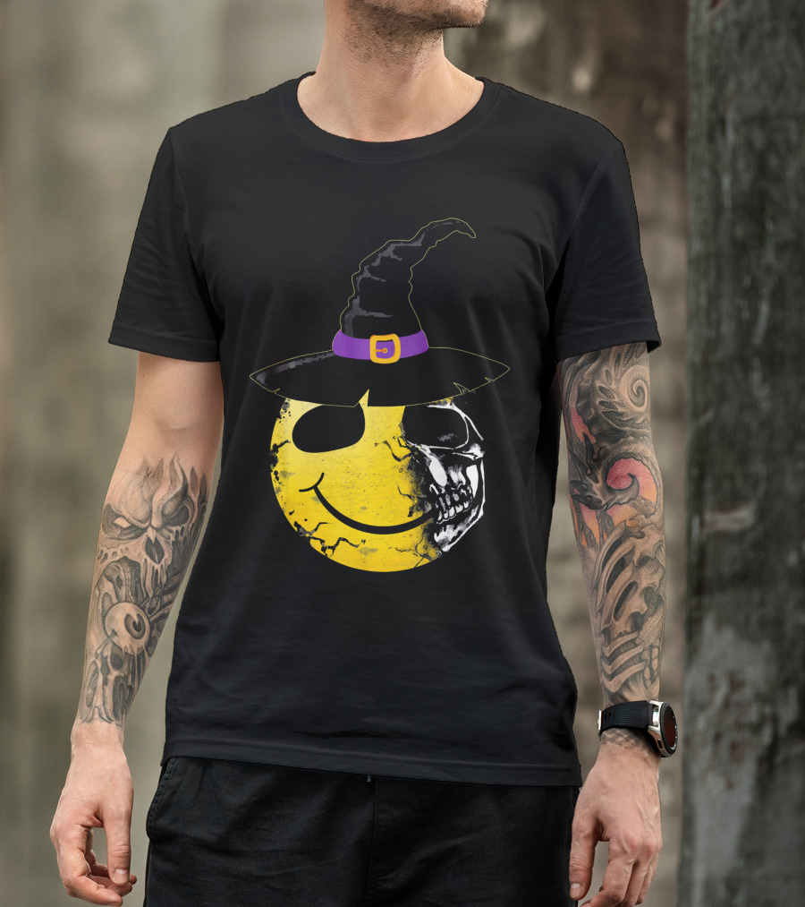 Halloween Witch Hat Smiley Half Skull Face T-Shirt