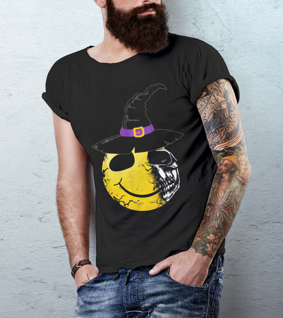 Halloween Witch Hat Smiley Half Skull Face T-Shirt