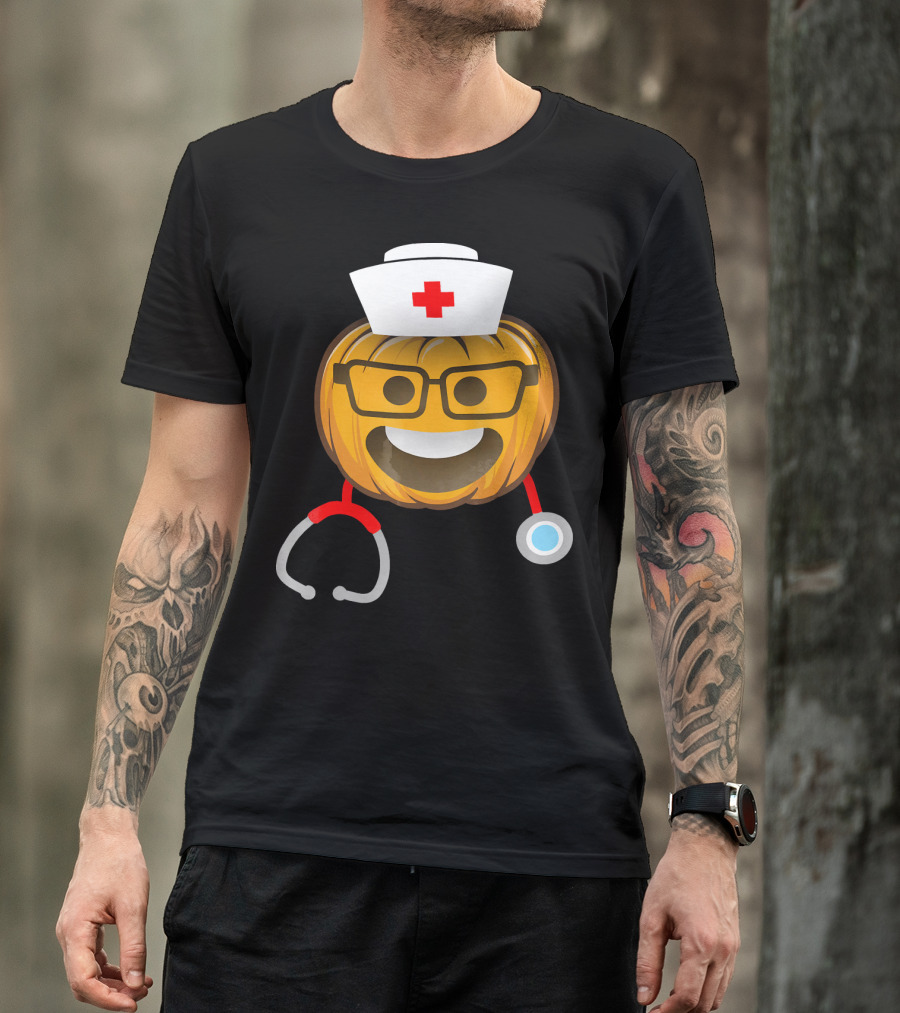 Nurse Halloween Pumpkin Emoji With Nerd Glasses And Stethoscope T-Shirt