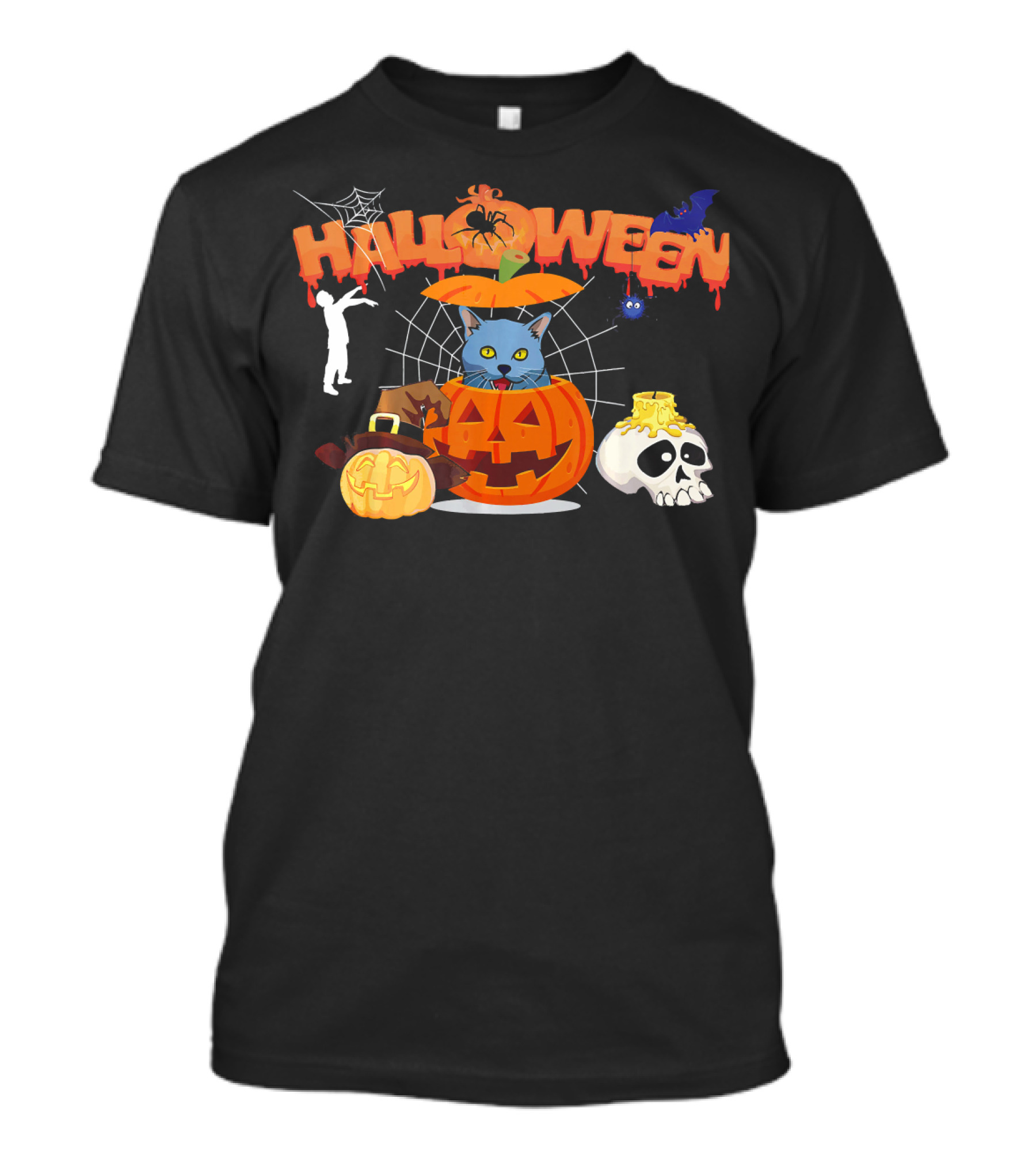 Halloween Russian Blue Cat Pumpkin Witch Zombie Skull Spider Bat T-Shirt