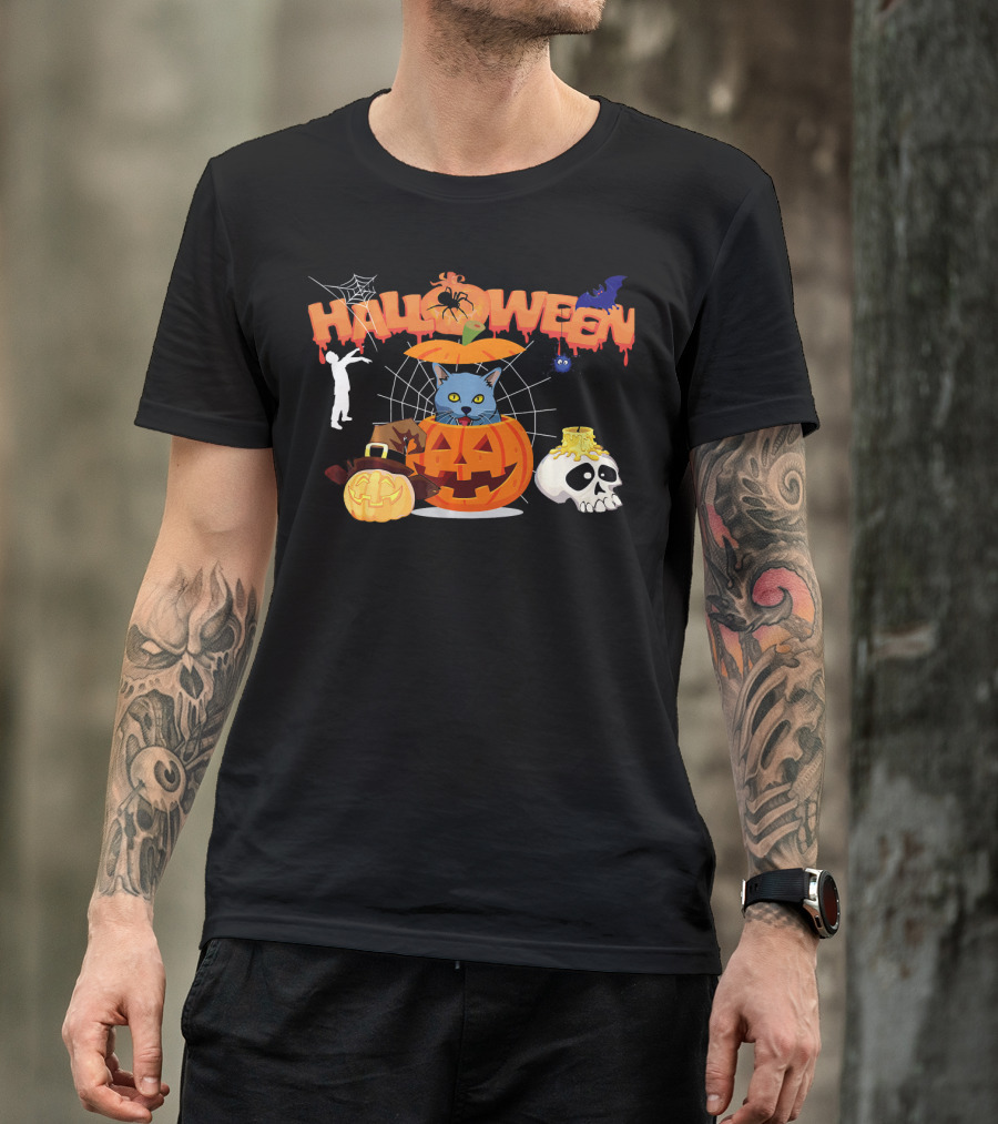 Halloween Russian Blue Cat Pumpkin Witch Zombie Skull Spider Bat T-Shirt