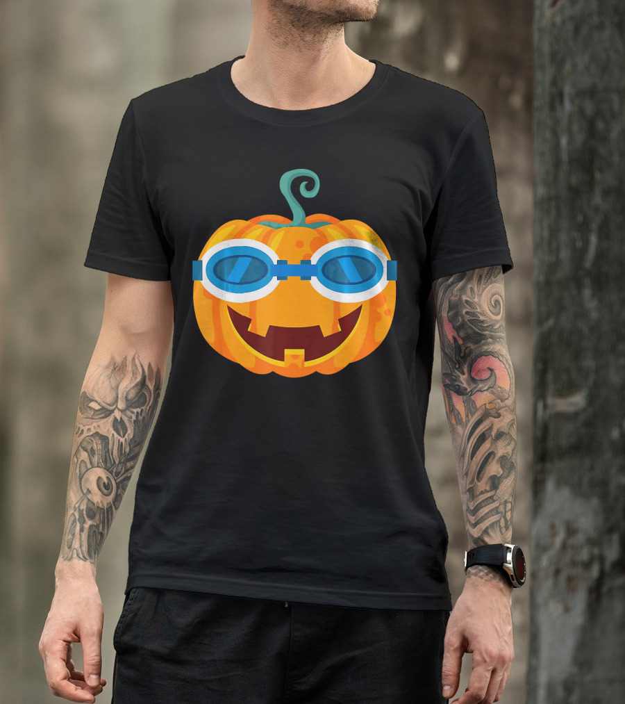 Swimming Pumpkin With Goggles Funny Halloween T-Shirt