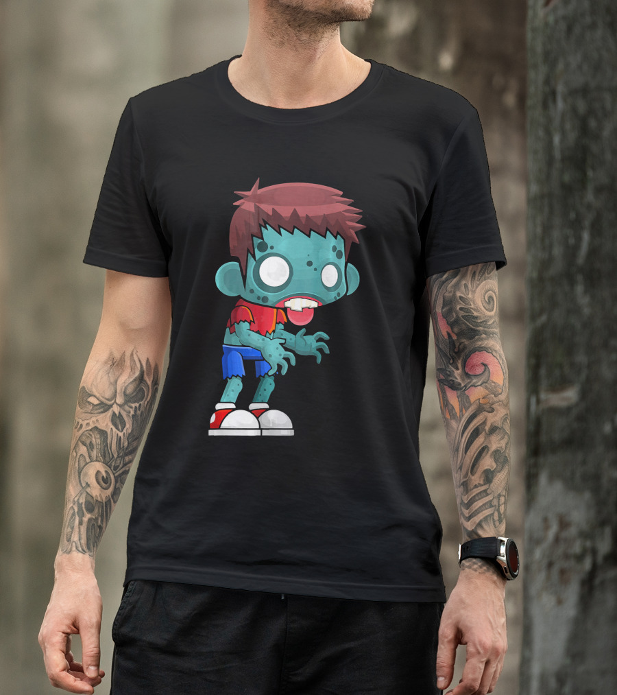 Zombie Boy Cartoon Character With Red Shirt And Blue Shorts T-Shirt