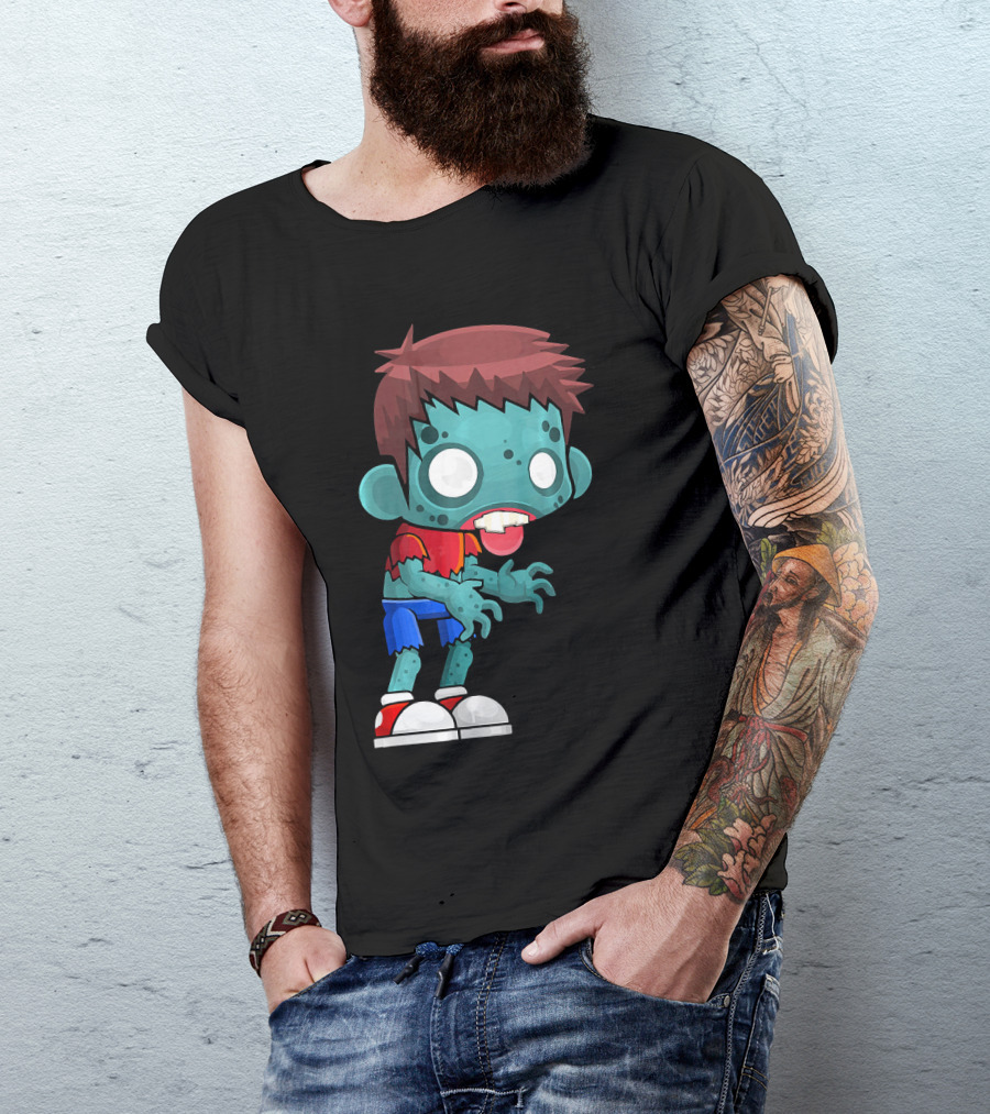 Zombie Boy Cartoon Character With Red Shirt And Blue Shorts T-Shirt