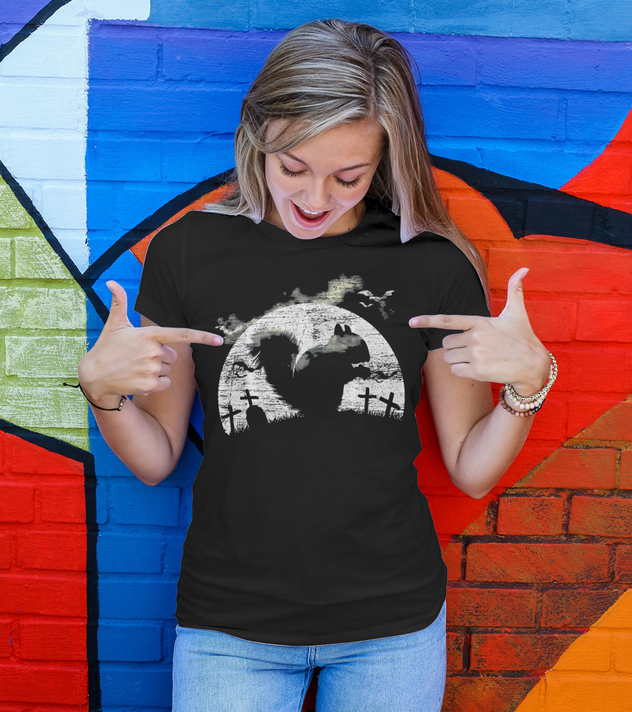 Halloween Squirrel Graveyard Silhouette With Full Moon And Bats T-Shirt