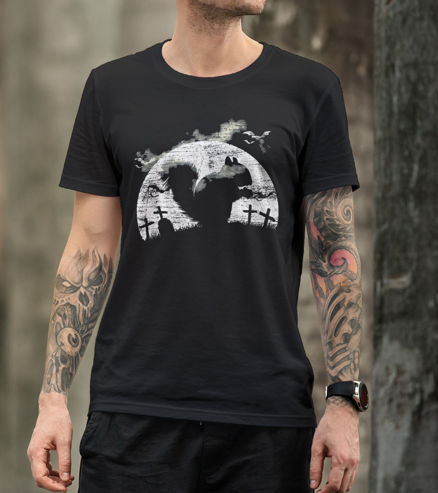 Halloween Squirrel Graveyard Silhouette With Full Moon And Bats T-Shirt
