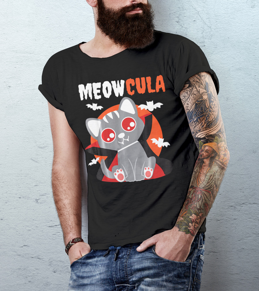 MEOWCULA Vampire Cat Halloween Dracula Bats T-Shirt