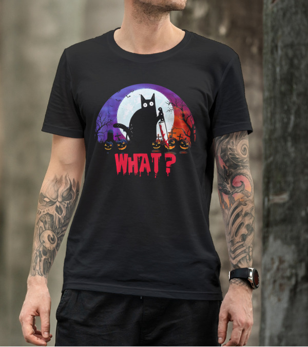 What Murderous Black Cat With Knife Halloween Moon Tombstones Pumpkins T-Shirt
